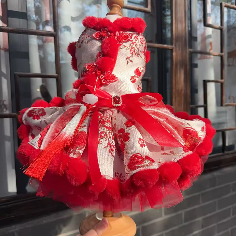 Lucky Bloom Chinese New Year Dog Dress | Red & Gold Pom-Trim Cheongsam Style