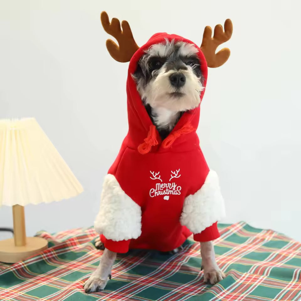 Merry Christmas Reindeer Dog Hoodie – Cozy Red & White Holiday Sweater